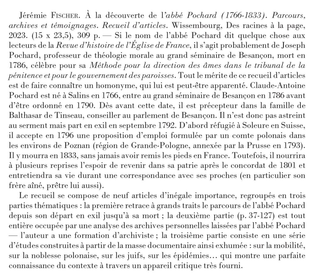 Recension parue dans la Revue d'Histoire de l’Église de France en 2023 Abbé Pochard Jérémie Fischer